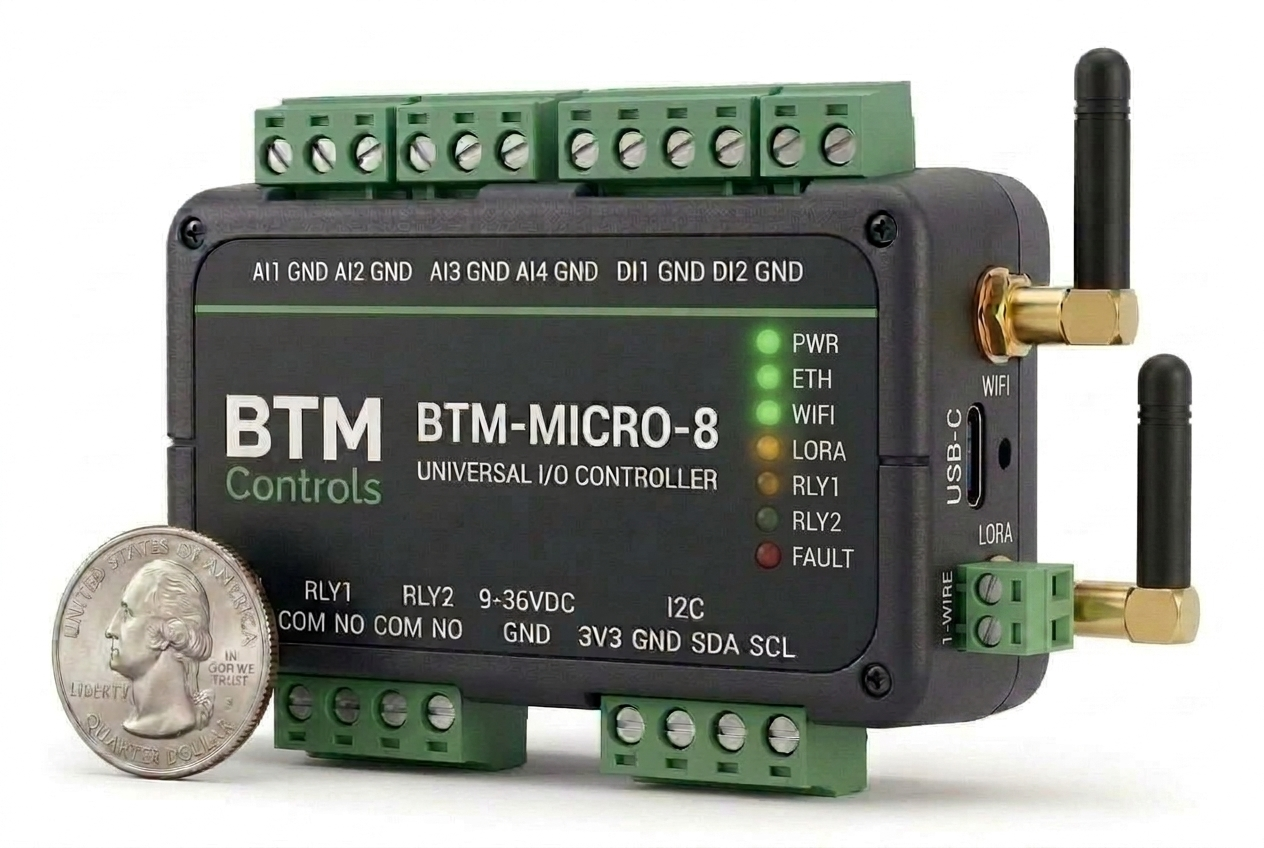 BTM-MICRO-8 universal I/O controller with dedicated Wi-Fi and LoRaWAN antennas beside a United States quarter for scale